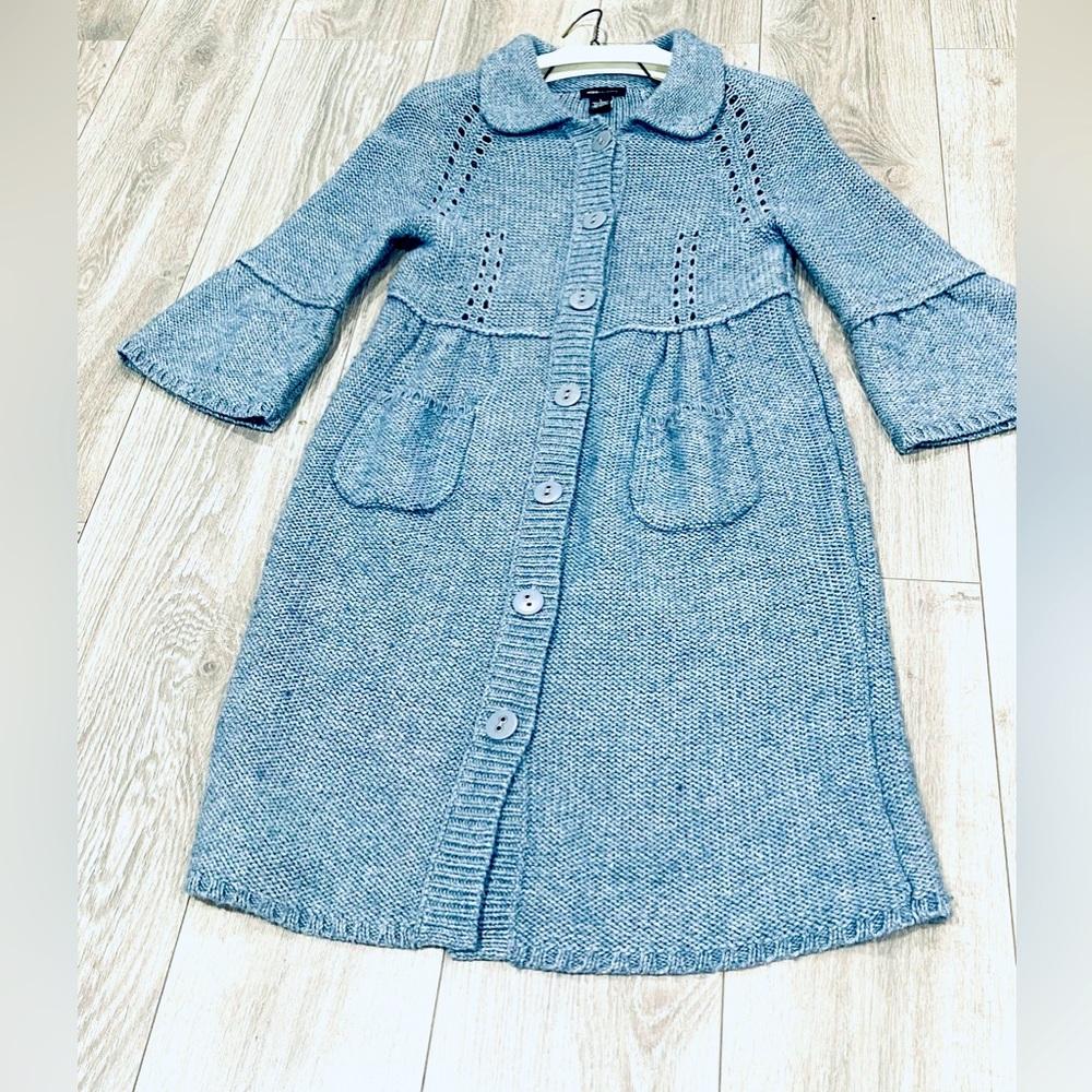 BCBG Maxazria Boho Cardigan Coat bell sleeve Womens L Long wool Sweater blue EUC